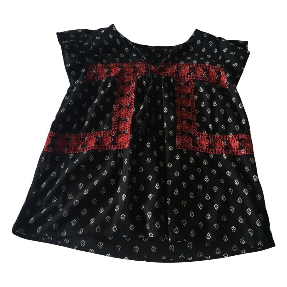 🌸4/$20 Boho style black print with red embroidery detailing peasant blouse